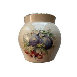 Vintage Casey Pottery Signed Vase Jar Fruit Plums and Cherries Handmade USA 6"x5